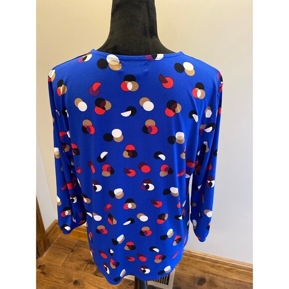 Liz Claiborne Blouse Size Large Top Blue Pattern 3/4 Sleeves Tie Neck Stretch - Picture 7 of 11